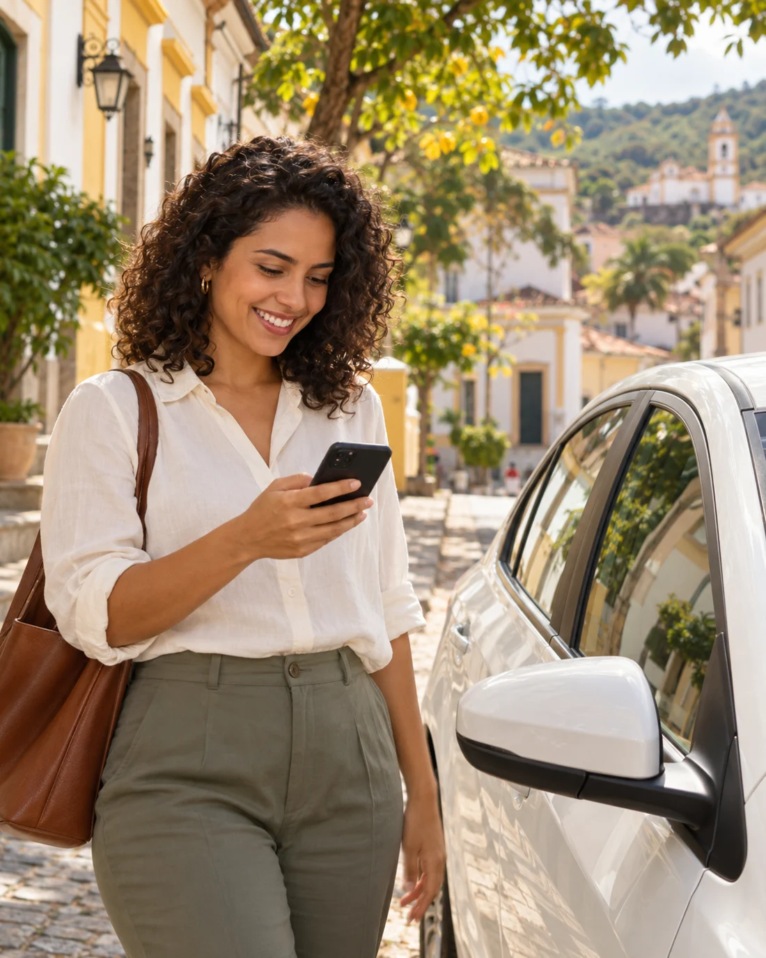 Passageira utilizando o celular ao lado de um carro em uma rua brasileira